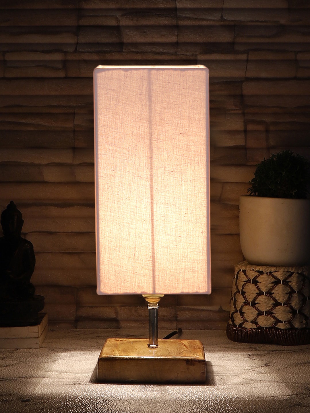 

Devansh Grey & Brown Cotton Table Lamp With Square Wood Base