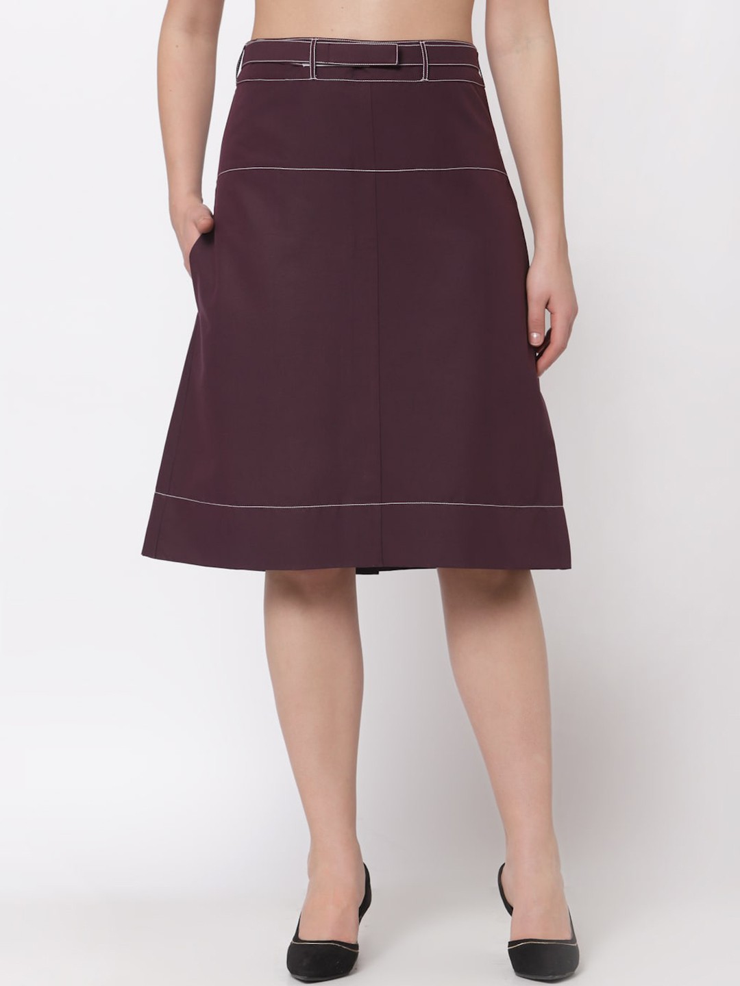 

OFFICE & YOU Women Top Stitch A-Line Knee Length Skirt, Purple