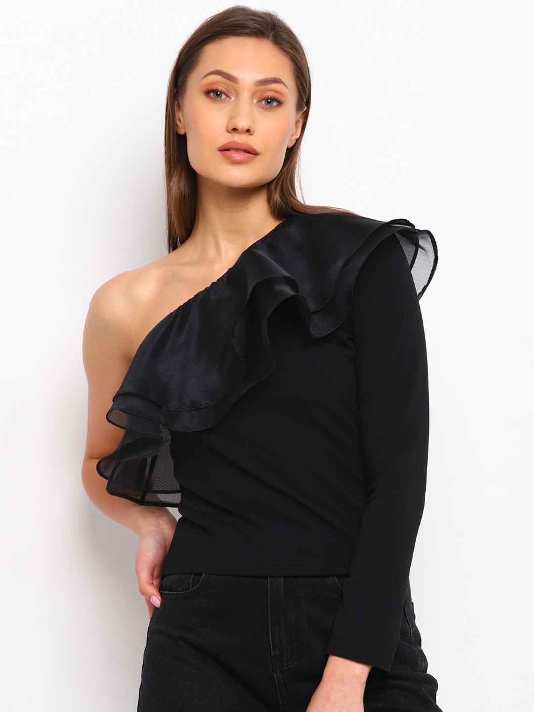 

COVER STORY Black One Shoulder Ruffles Cinched Waist Top