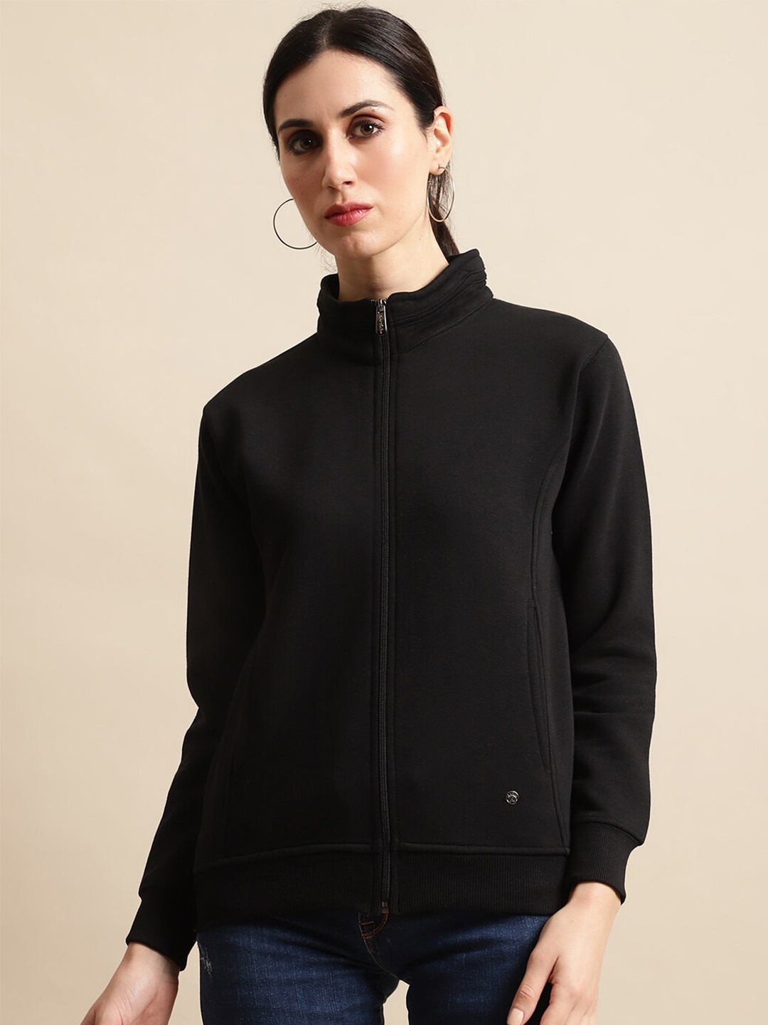 

ANTI CULTURE Women Solid Cotton Front-Open Sweatshirt, Black