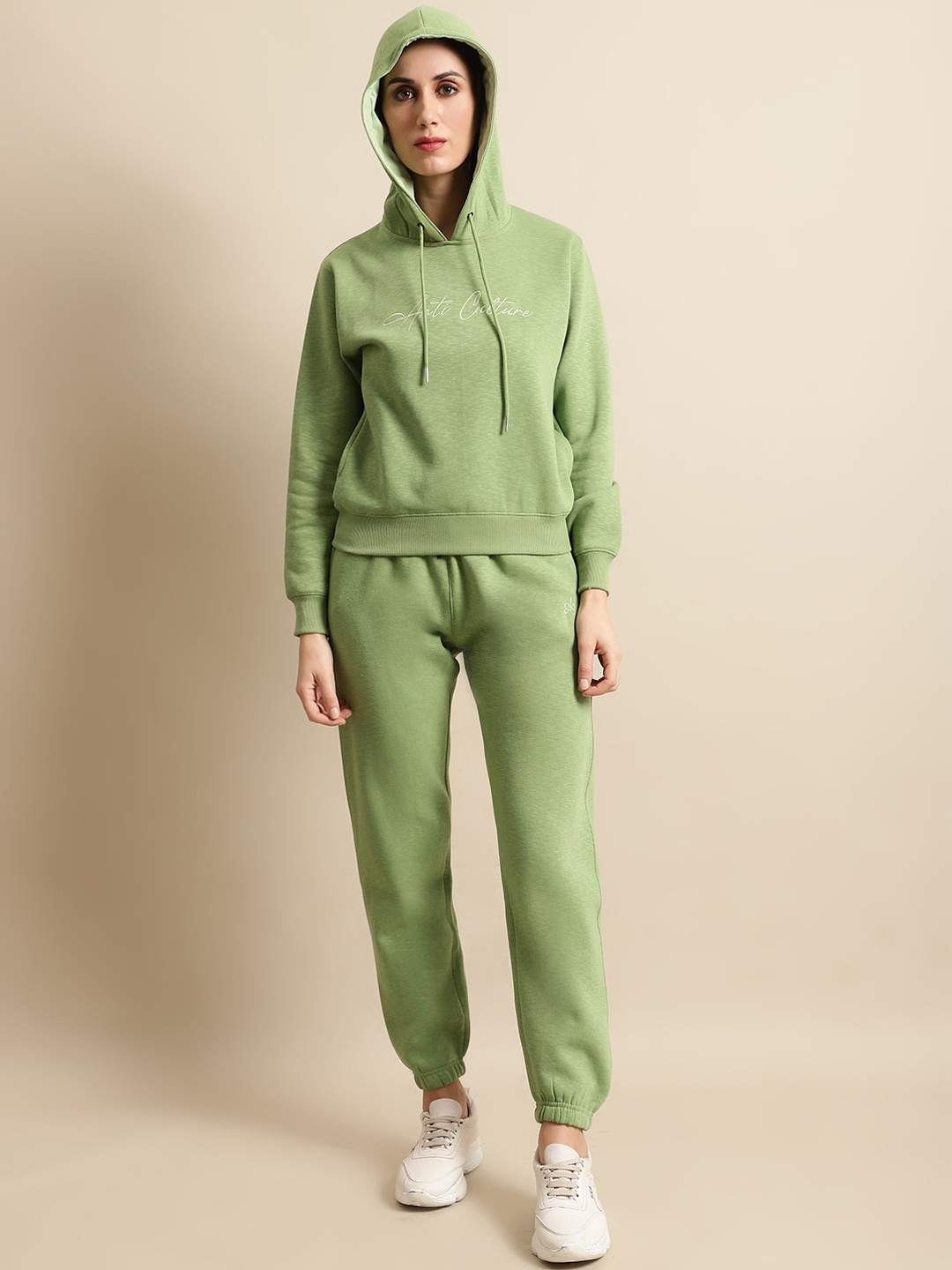 

ANTI CULTURE Women Brand Logo Printed Hooded Tracksuits, Green