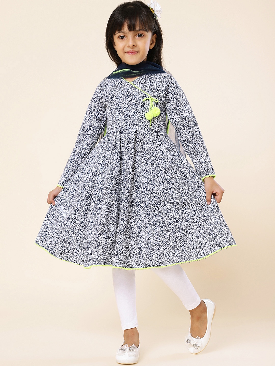 

A.T.U.N. Girls Floral Printed Angrakha Pure Cotton Kurta With Leggings & Dupatta, Navy blue
