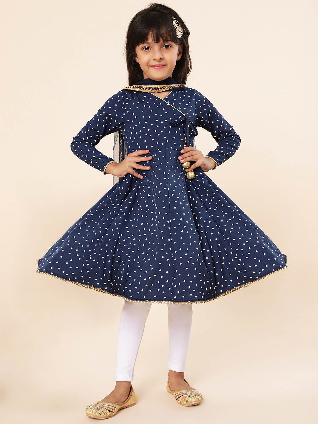 

A.T.U.N. Girls Printed V Neck Angrakha Kurta With Dupatta, Navy blue