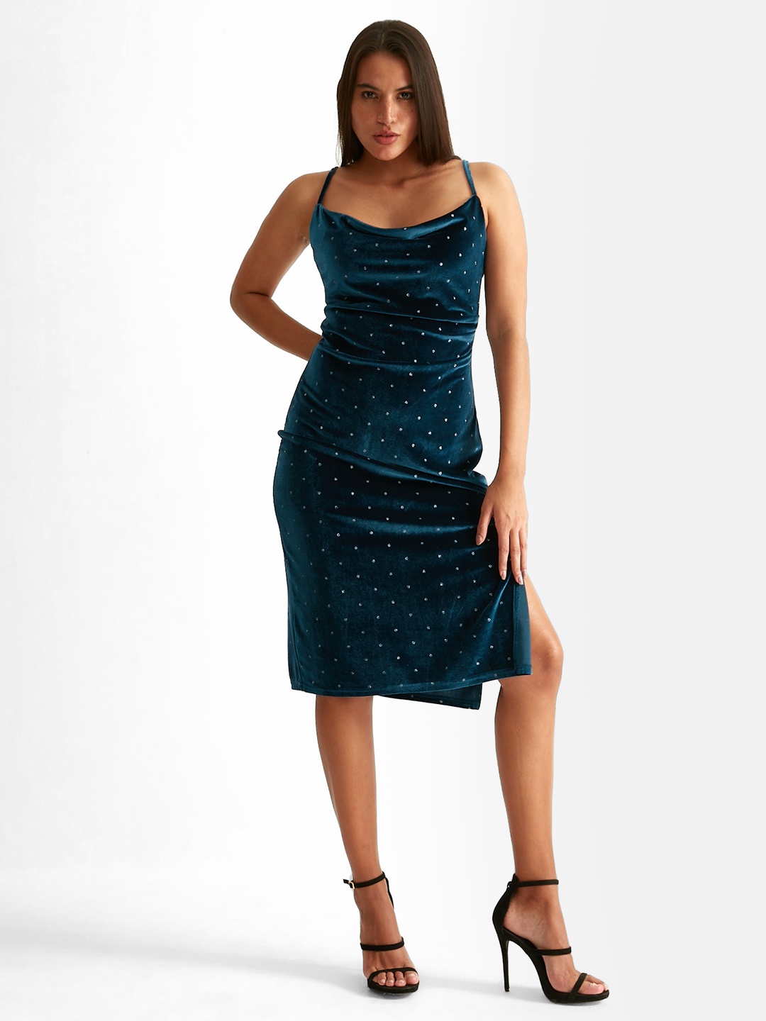 

COVER STORY Embellished Shoulder Straps Velvet Sheath Dress, Teal