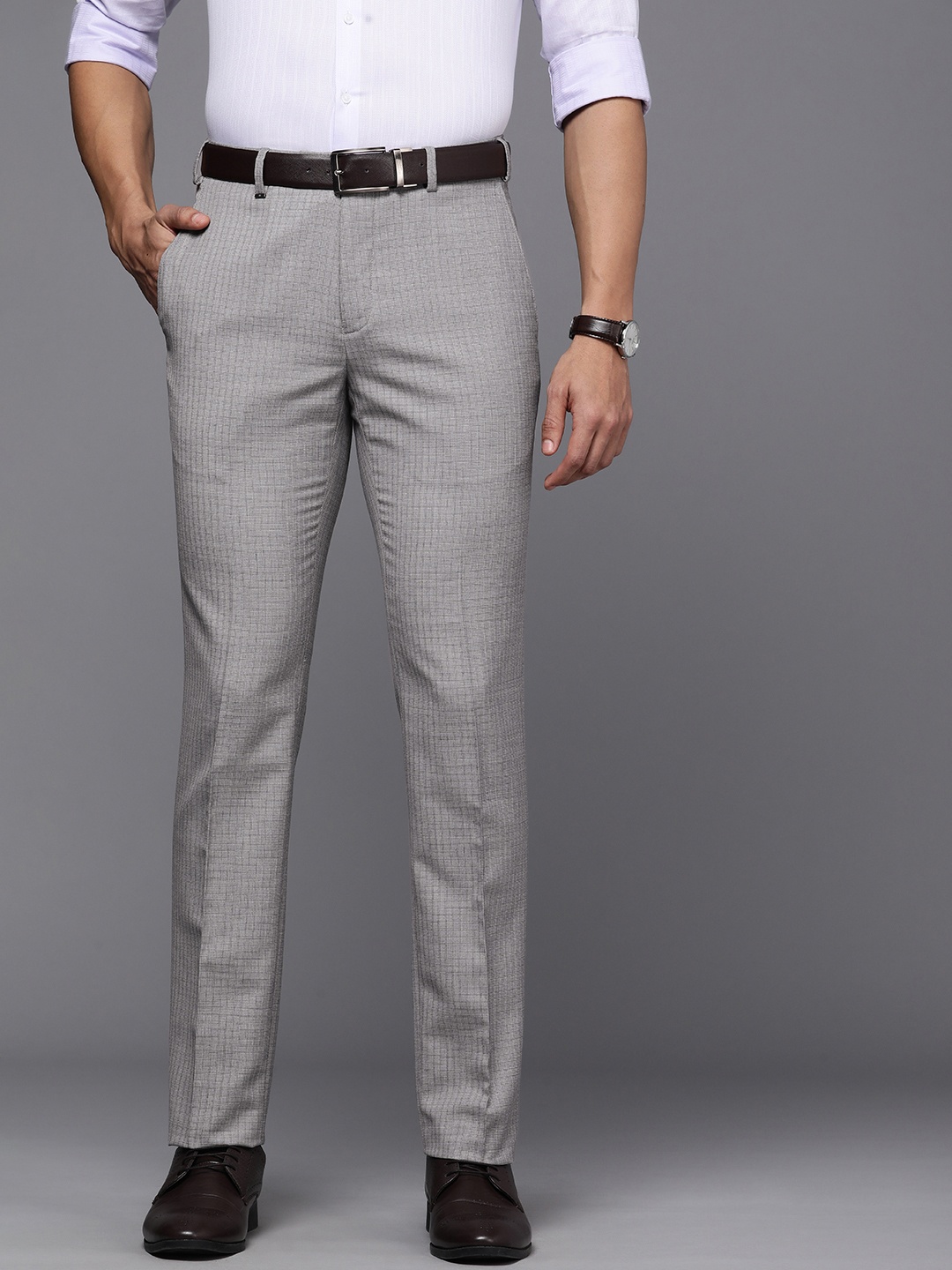 

Raymond Men Checked Slim Fit Low-Rise Formal Trousers, Grey