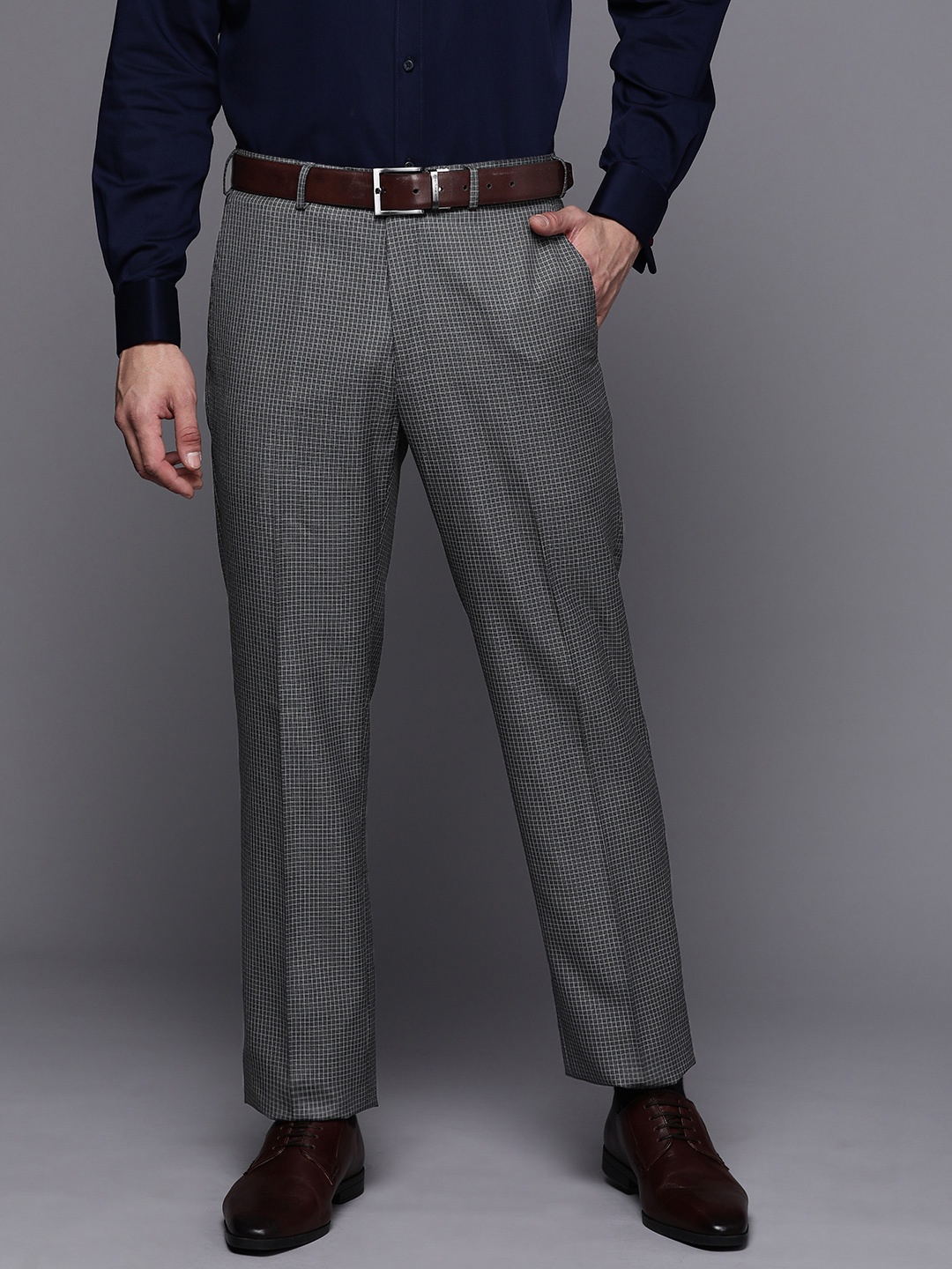

Raymond Men Checked Contemporary Straight Fit Formal Trousers, Charcoal