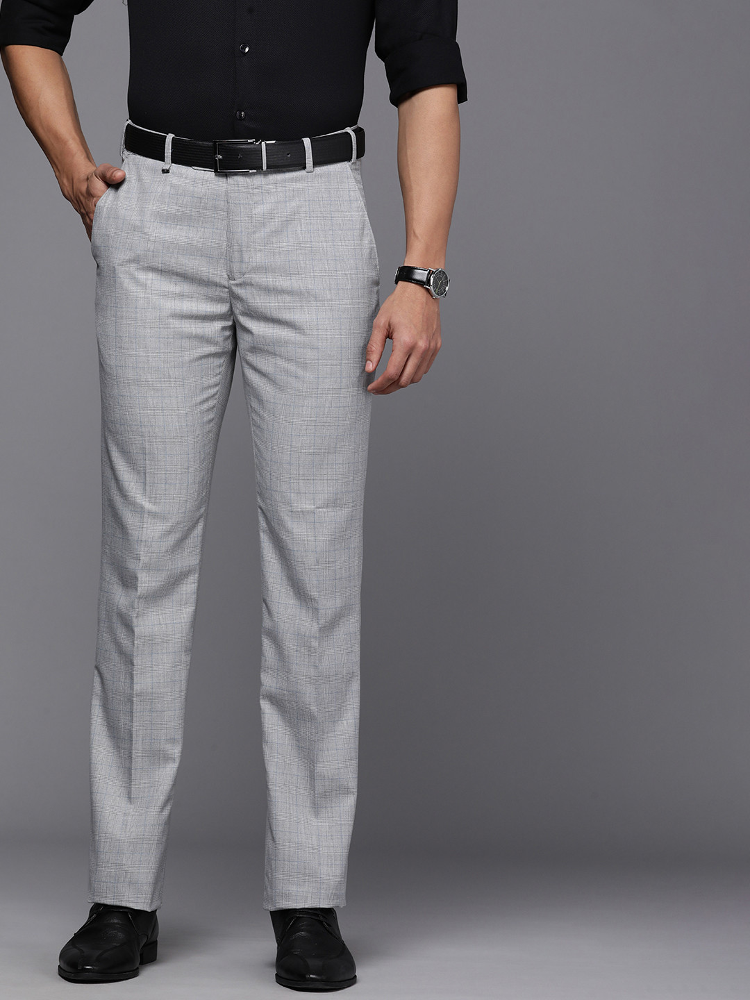 

Raymond Men Checked Contemporary Trousers, Grey