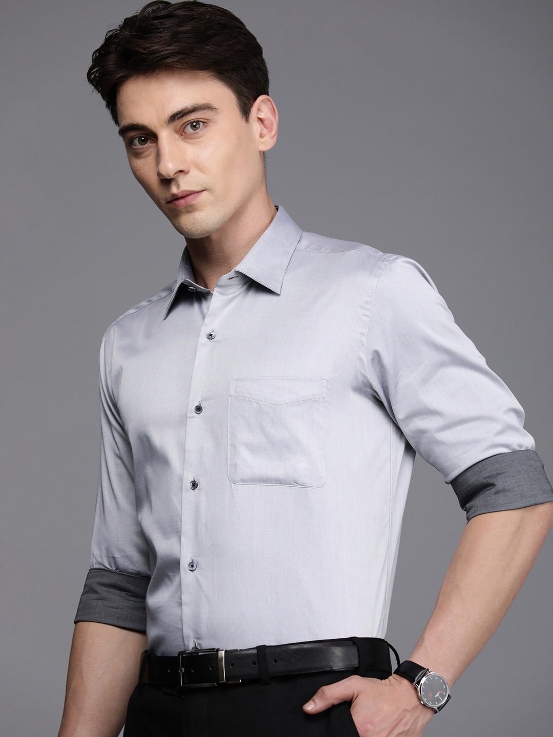 

Raymond Men Pure Cotton Contemporary Fit Cutaway Collar Formal Shirt, Grey