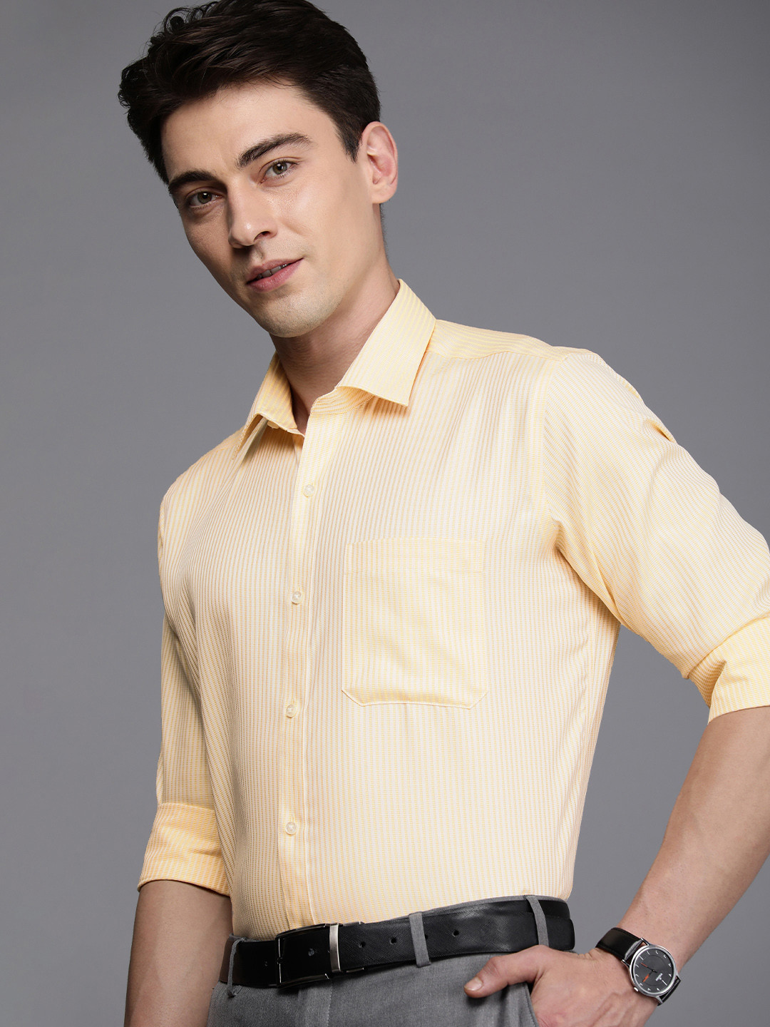 

Raymond Men Pure Cotton Contemporary Fit Striped Formal Shirt, Yellow