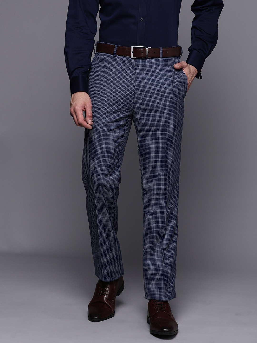 

Raymond Men Checked Contemporary Straight Fit Formal Trousers, Navy blue
