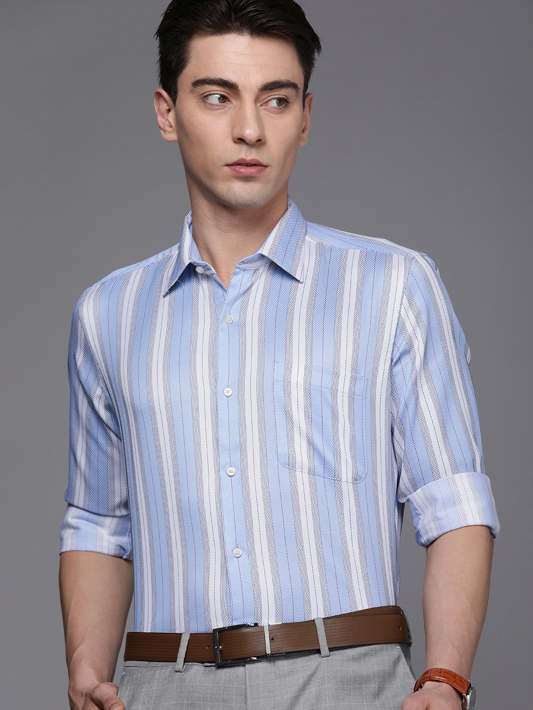

Raymond Men Pure Cotton Contemporary Fit Striped Formal Shirt, Blue