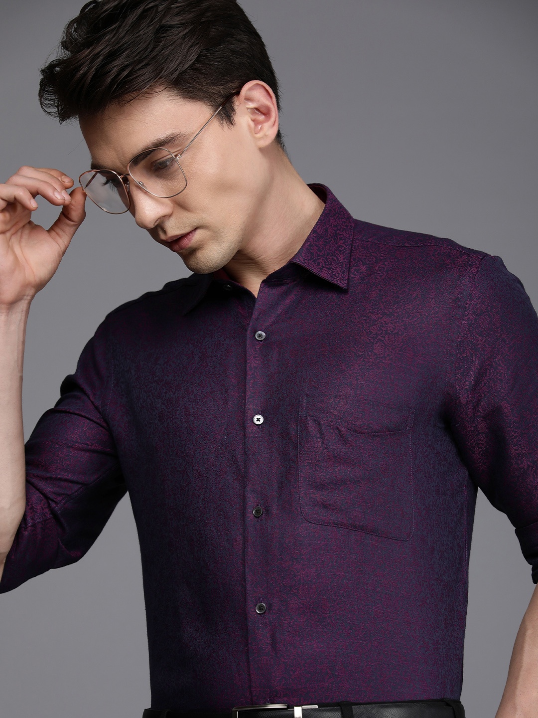 

Raymond Men Contemporary Fit Textured Cutaway Collar Formal Shirt, Purple