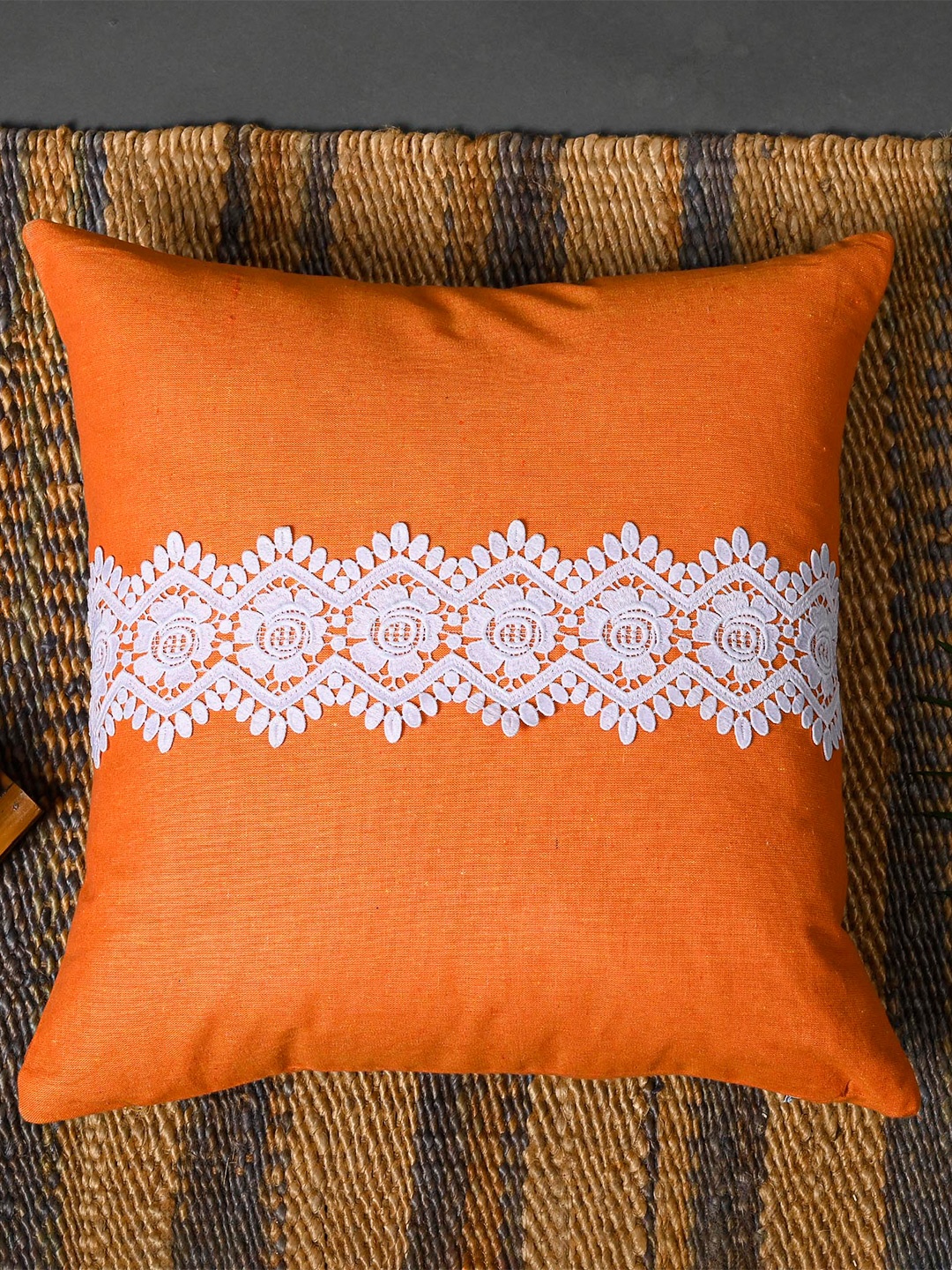 

OUSSUM Orange & White Set of 2 Embroidered Square Cushion Covers