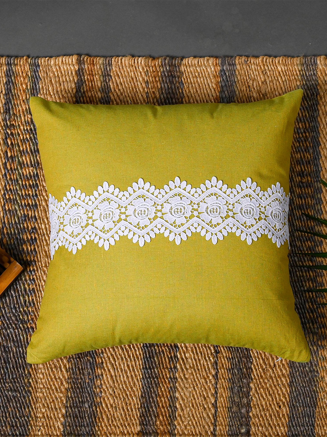 

OUSSUM Yellow & White Set Of 2 Square Cotton Cushion Covers