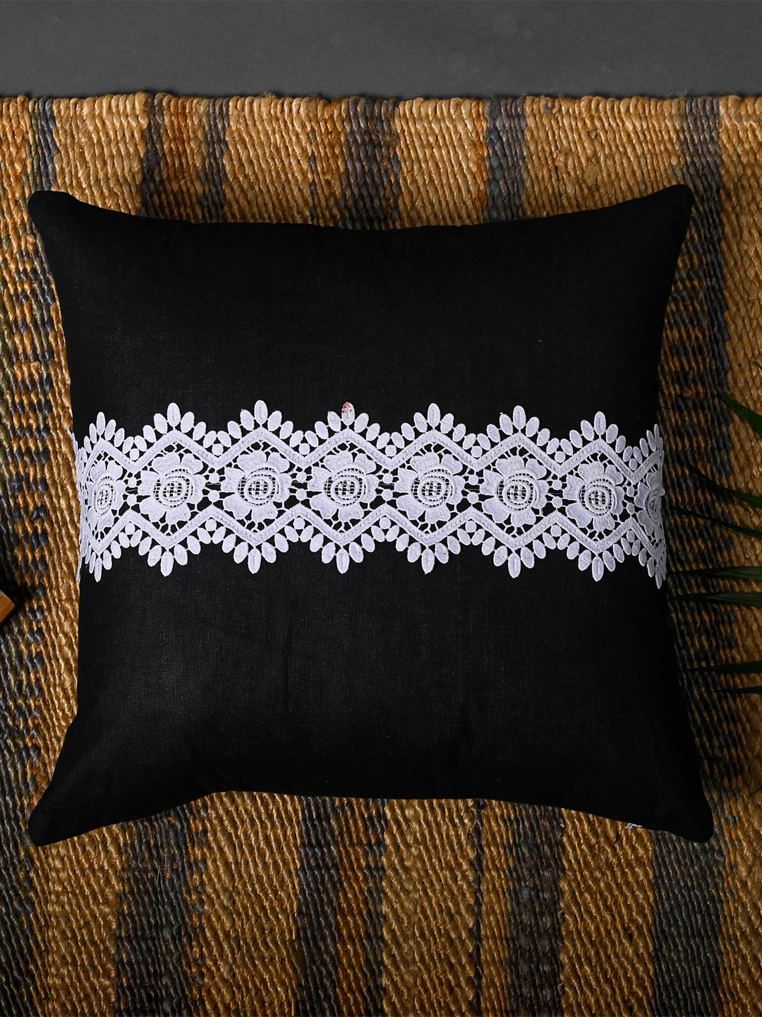 

OUSSUM Set of 2 Black & White Embellished Square Cotton Cushion Covers