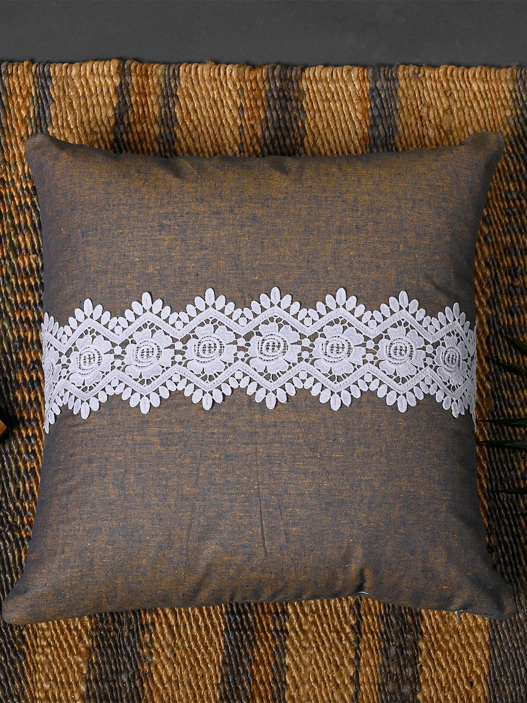 

OUSSUM Set of 2 Brown & White Embellished Square Cushion Covers