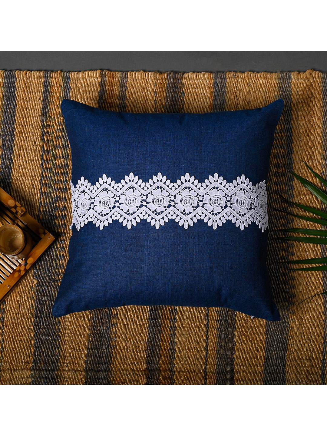 

OUSSUM Set of 2 Blue & White Embellished Square Cotton Cushion Covers