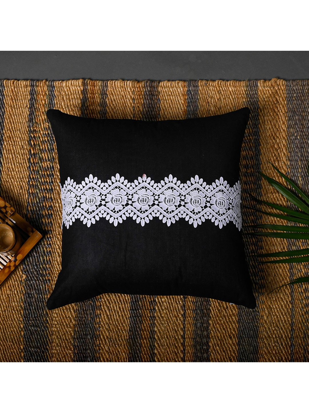 

OUSSUM Set of 2 Black & White Embellished Square Cotton Cushion Covers