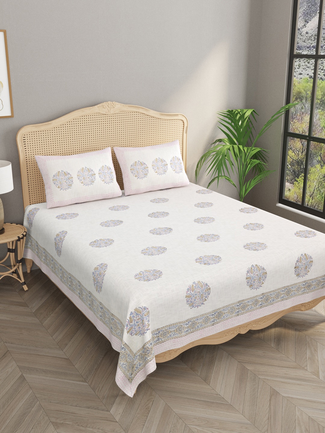 

Gulaab Jaipur Beige Printed Egyptian Cotton 350-499 TC Double King Bed Cover