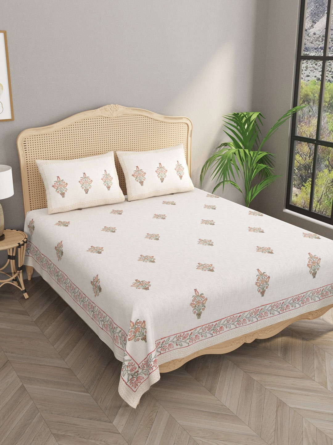 

Gulaab Jaipur Beige Printed Jute Cotton 350-499 TC Double King Bed Cover