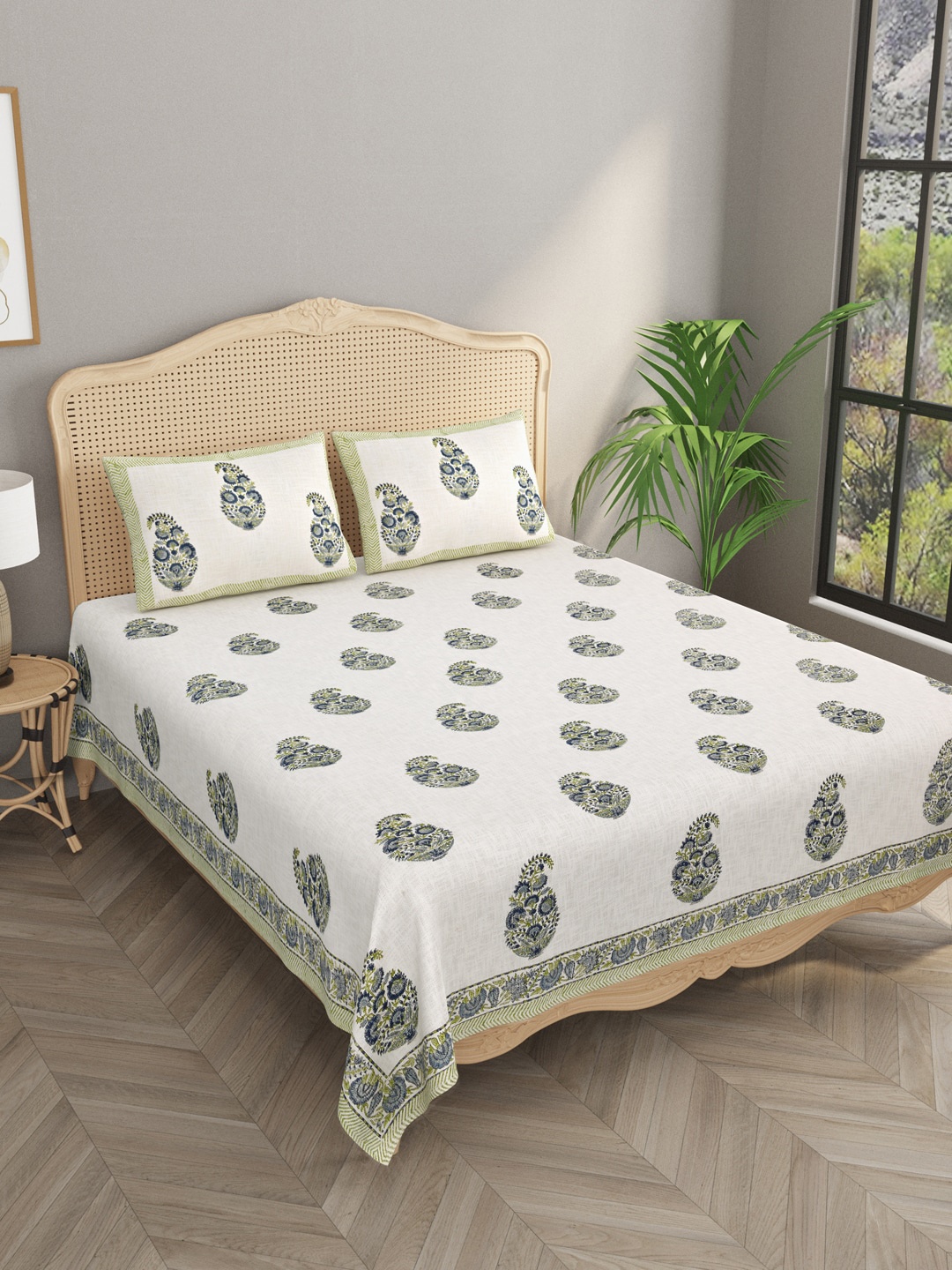 

Gulaab Jaipur Beige Printed Jute Cotton 350-499 TC Double King Bed Cover