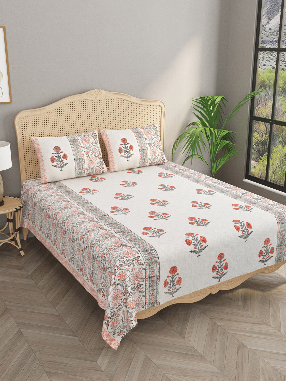 

Gulaab Jaipur Beige Printed Jute Cotton 350-499 TC Double King Bed Cover