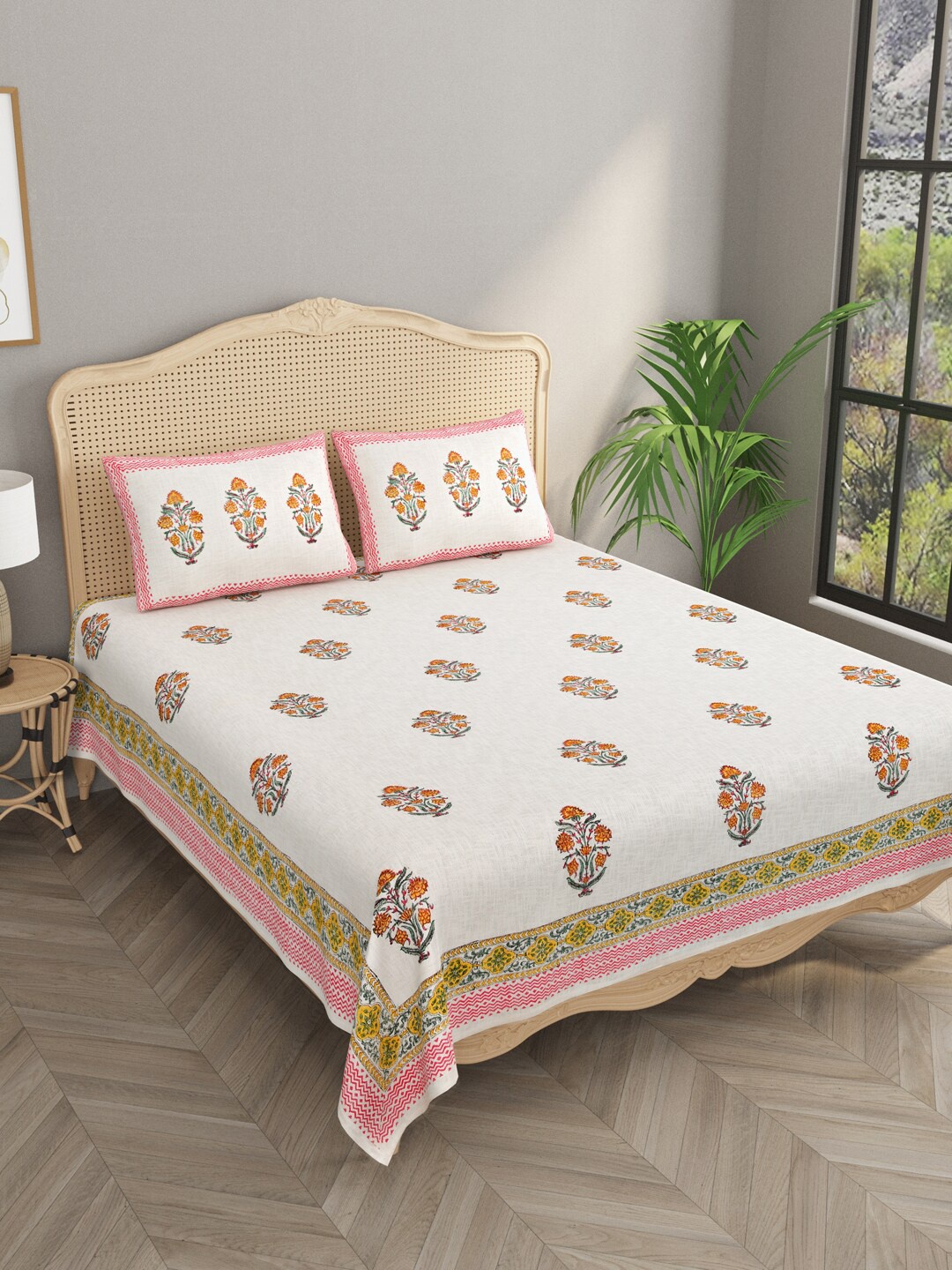 

Gulaab Jaipur Beige Printed Jute Cotton 350-499 TC Double King Bed Cover