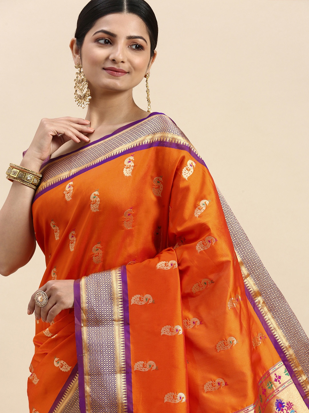 

VASTRANAND Ethnic Motifs Zari Art Silk Paithani Saree, Orange