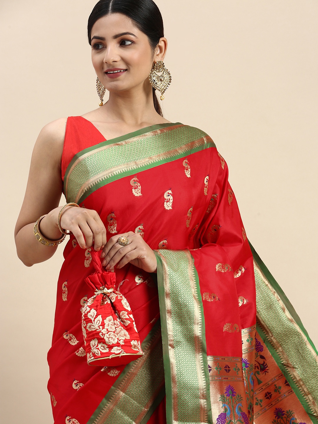 

VASTRANAND Ethnic Motifs Zari Art Silk Paithani Saree, Red