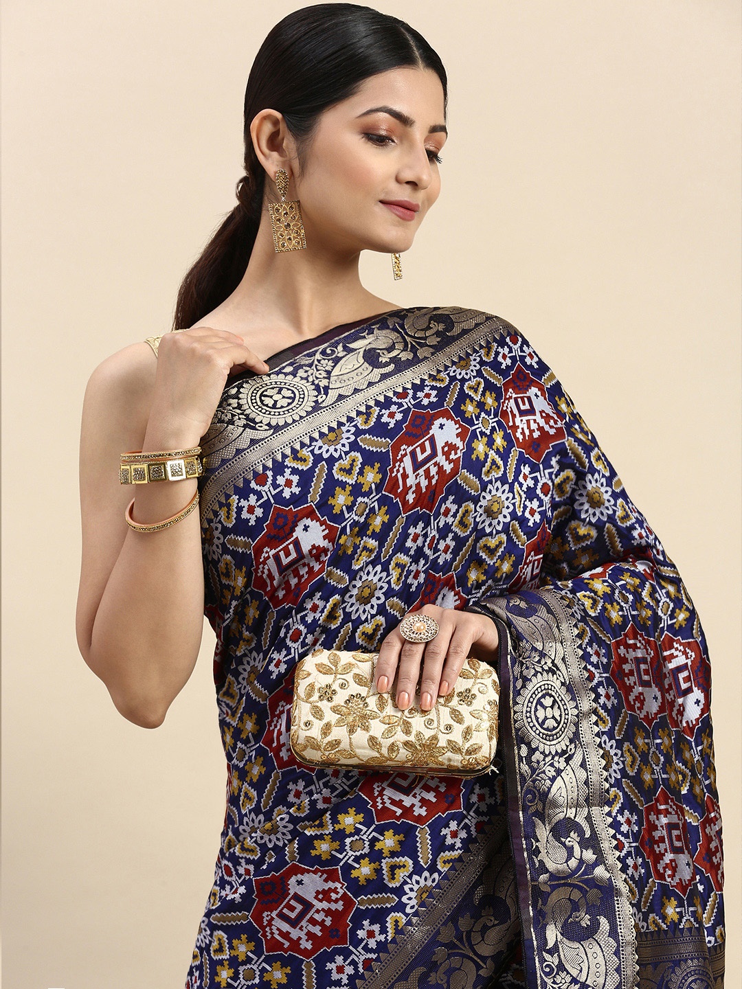 

VASTRANAND Ethnic Motifs Zari Art Silk Patola Saree, Navy blue