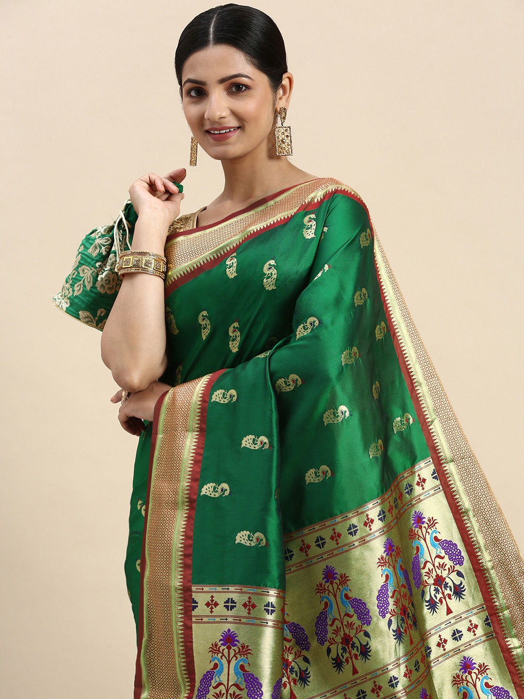 

VASTRANAND Ethnic Motifs Zari Art Silk Paithani Saree, Green