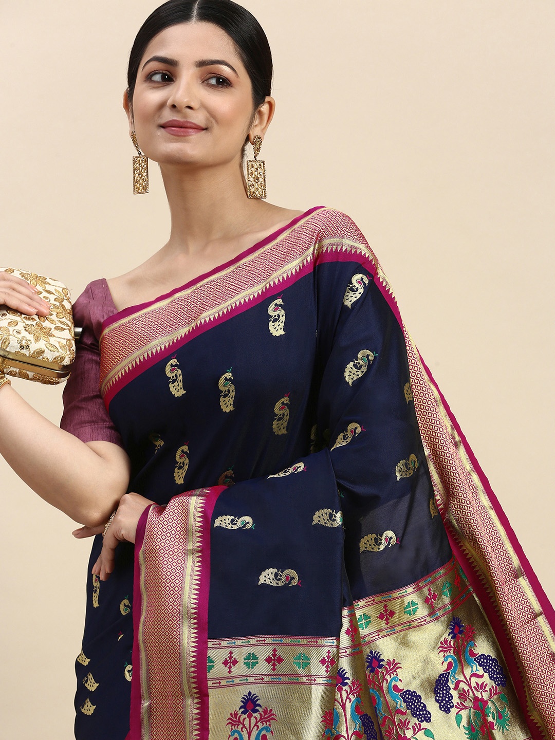 

VASTRANAND Navy Ethnic Motifs Zari Art Silk Paithani Saree, Navy blue