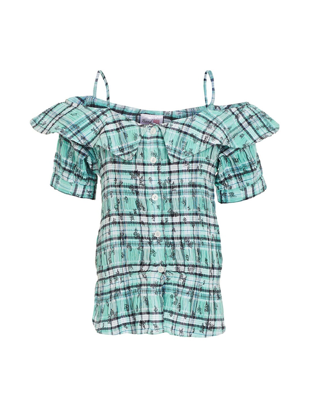 

BandBox Girls Checked Smocked Cotton Bardot Top, Green