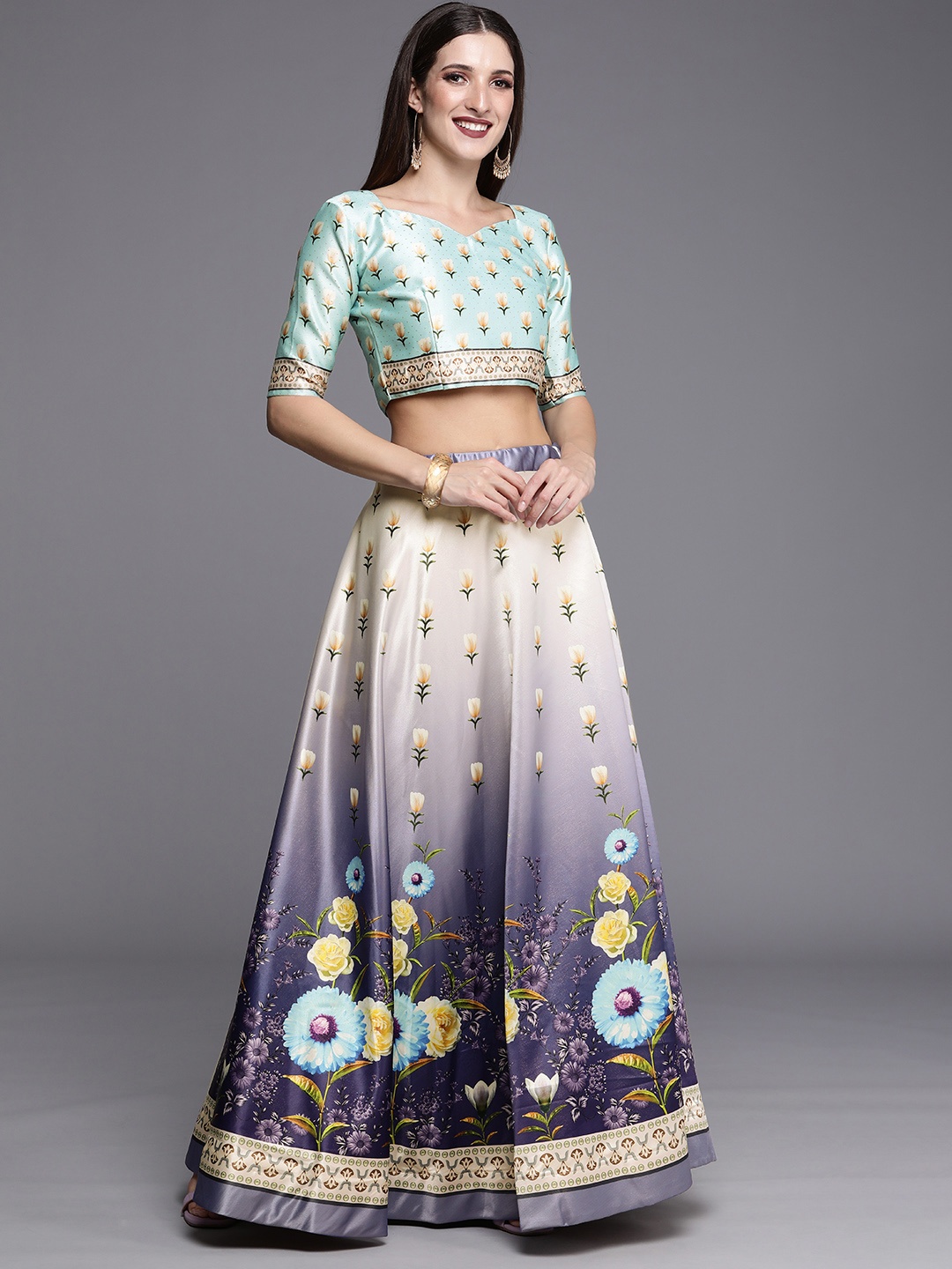 

Kaizen TEXO FAB Printed Satin Semi-Stitched Lehenga & Unstitched Blouse, Sea green