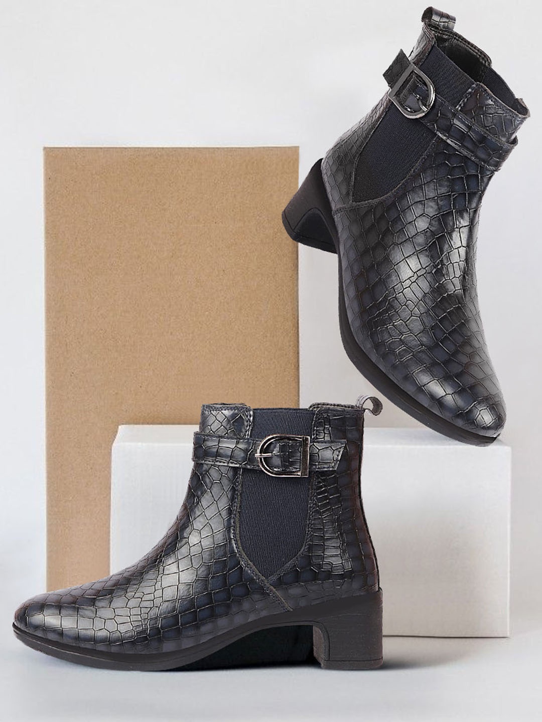 

FAUSTO Women Textured Mid-Top Chelsea Boots, Navy blue