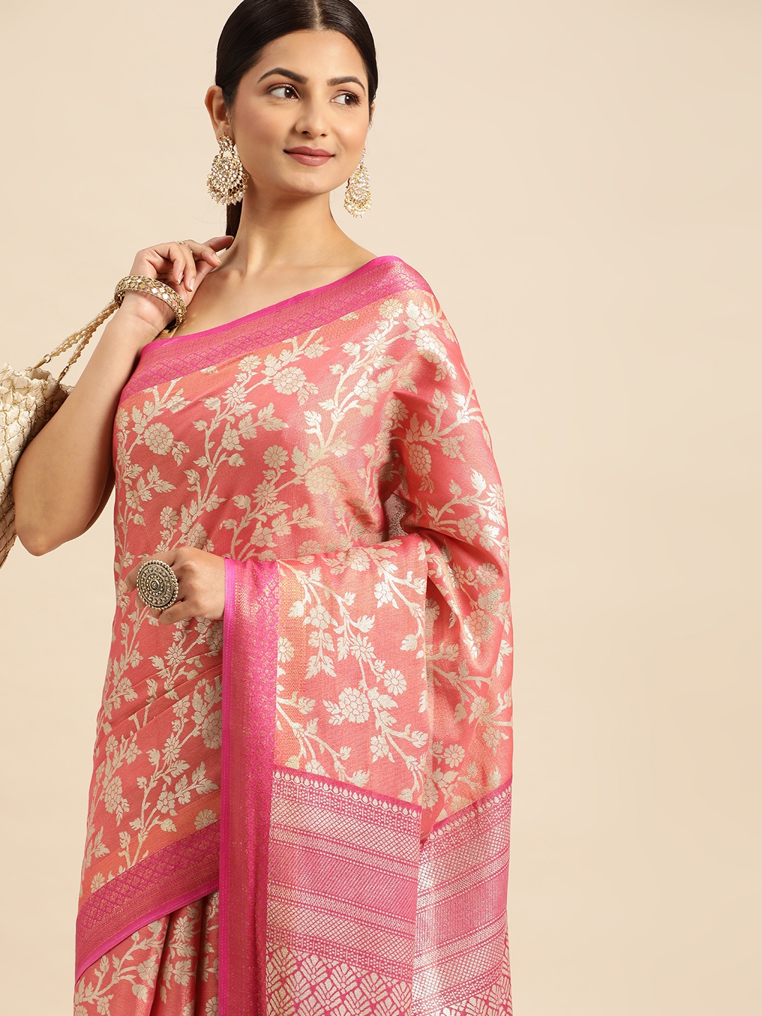 

PERFECTBLUE Ethnic Motifs Zari Kanjeevaram Saree, Peach