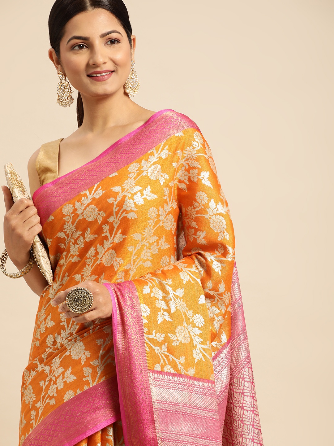 

PERFECTBLUE Ethnic Motifs Zari Kanjeevaram Saree, Orange