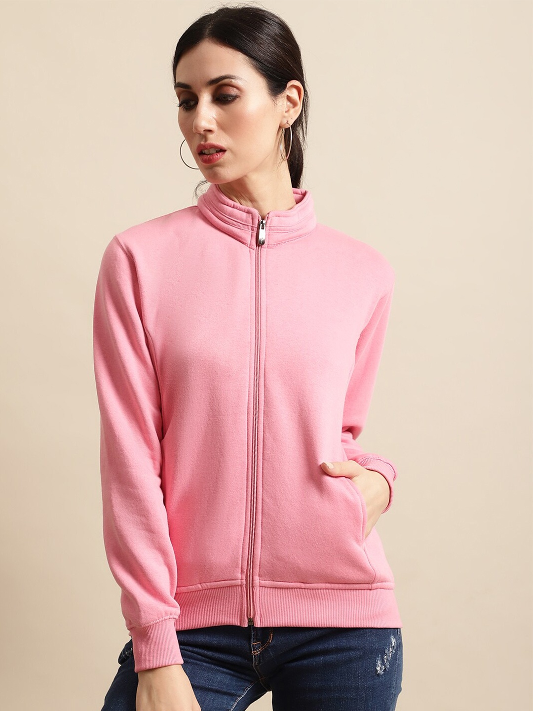 

ANTI CULTURE Women Solid Cotton Front-Open Sweatshirt, Pink