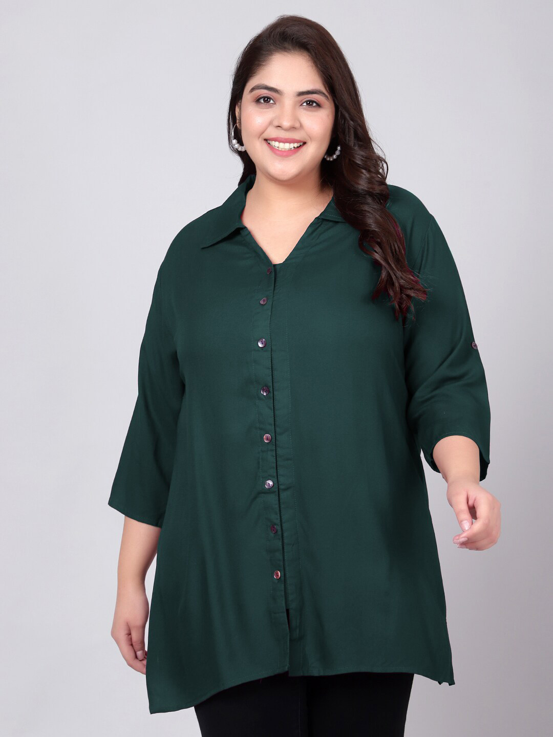 

Indietoga Plus Size Green Viscose Rayon Longline Casual Shirt