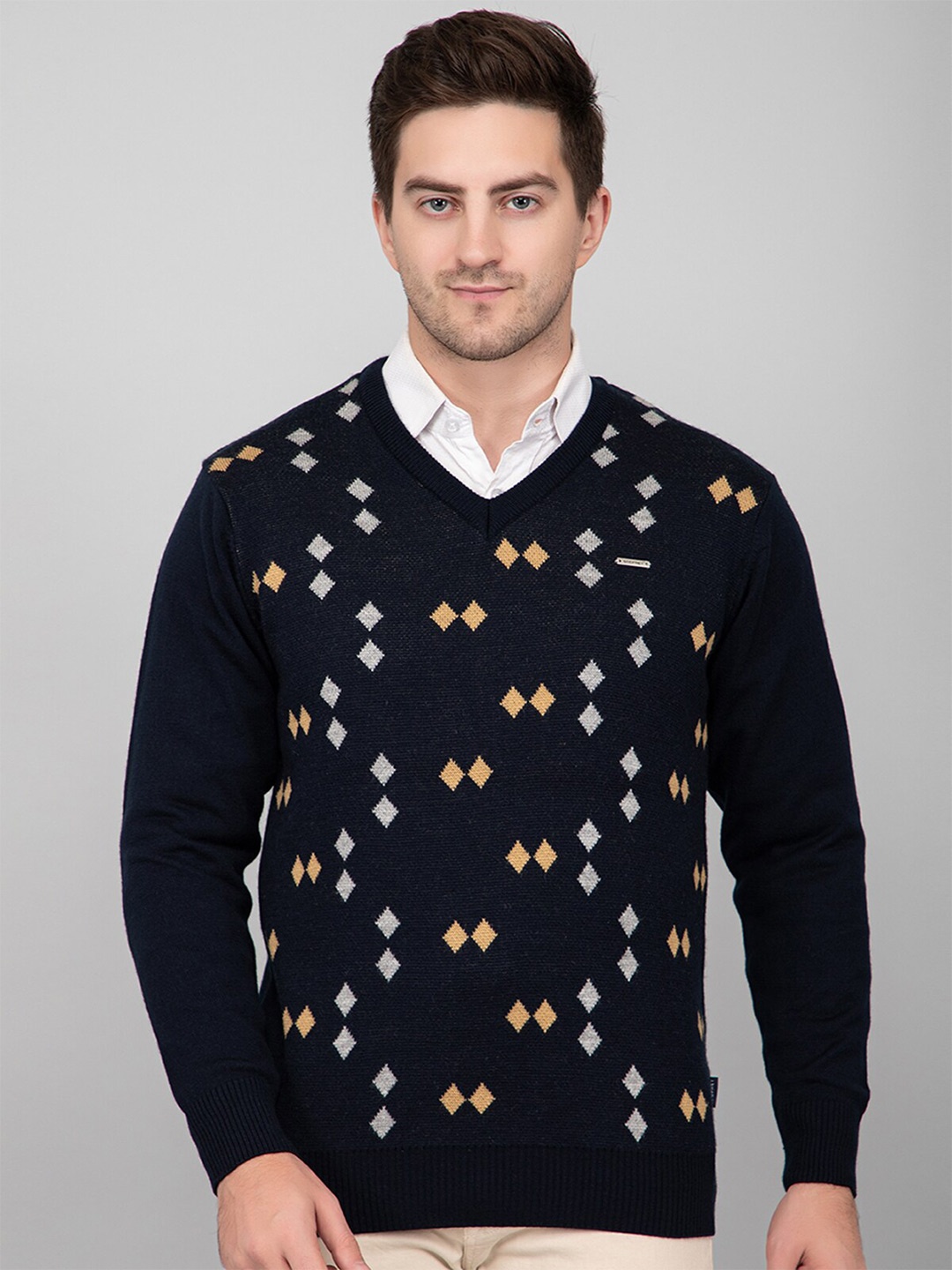

GODFREY Men Geometric V-Neck Pullover, Navy blue