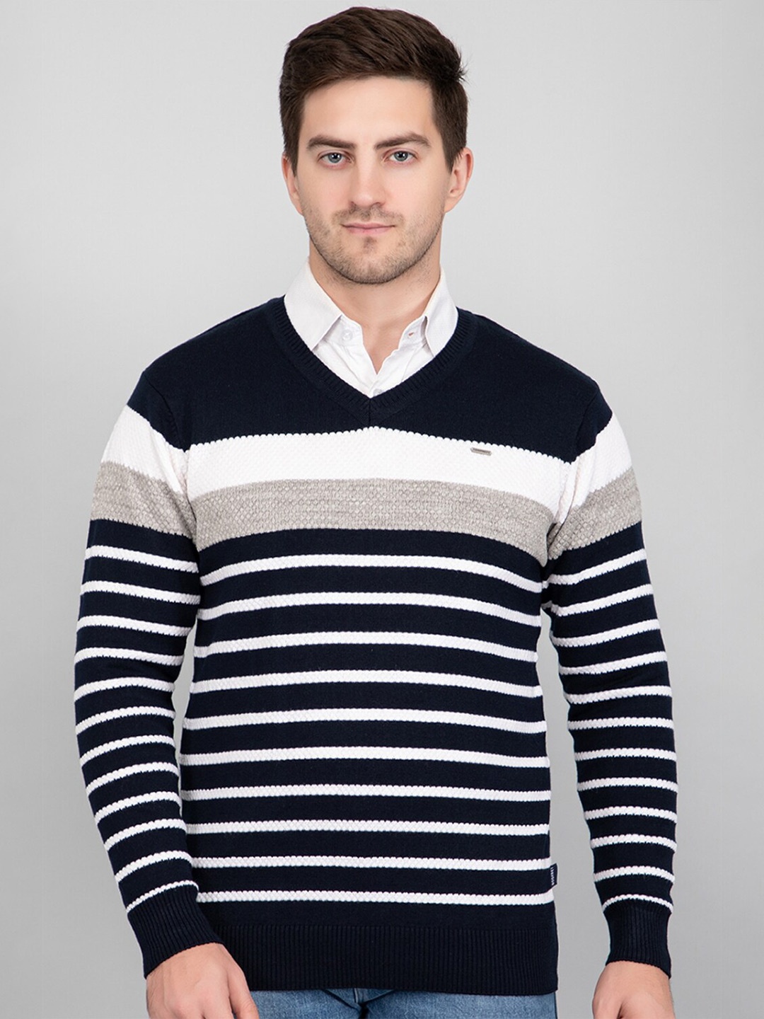 

GODFREY Men Striped V-Neck Pullover, Navy blue