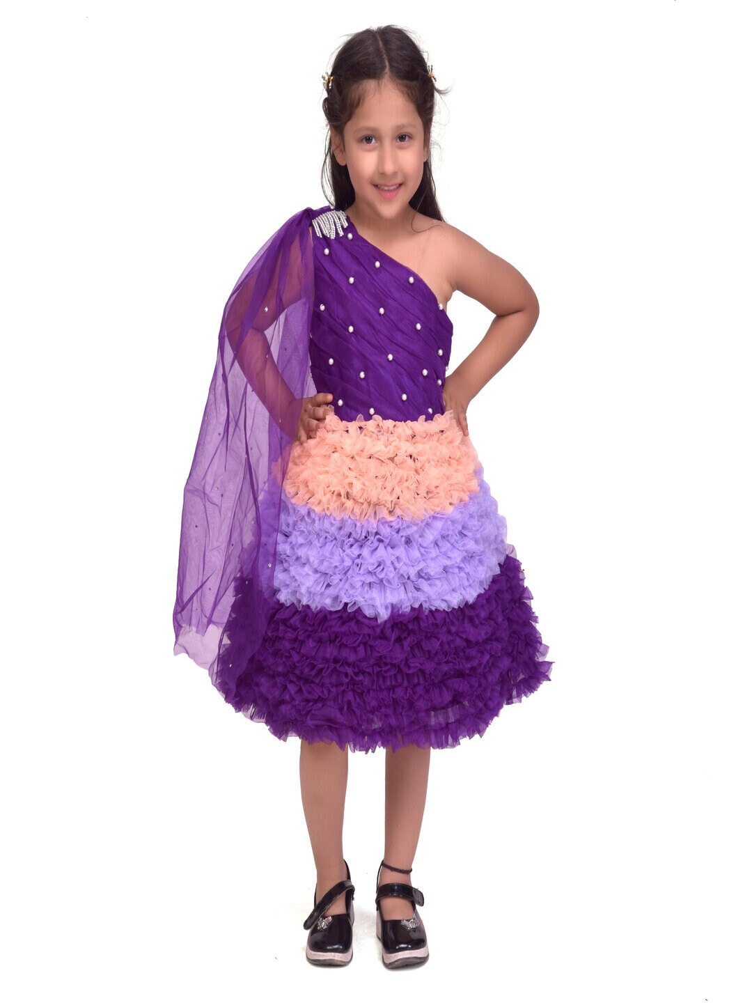 

R Cube Embellished One Shoulder Net A-Line Midi Dress, Purple