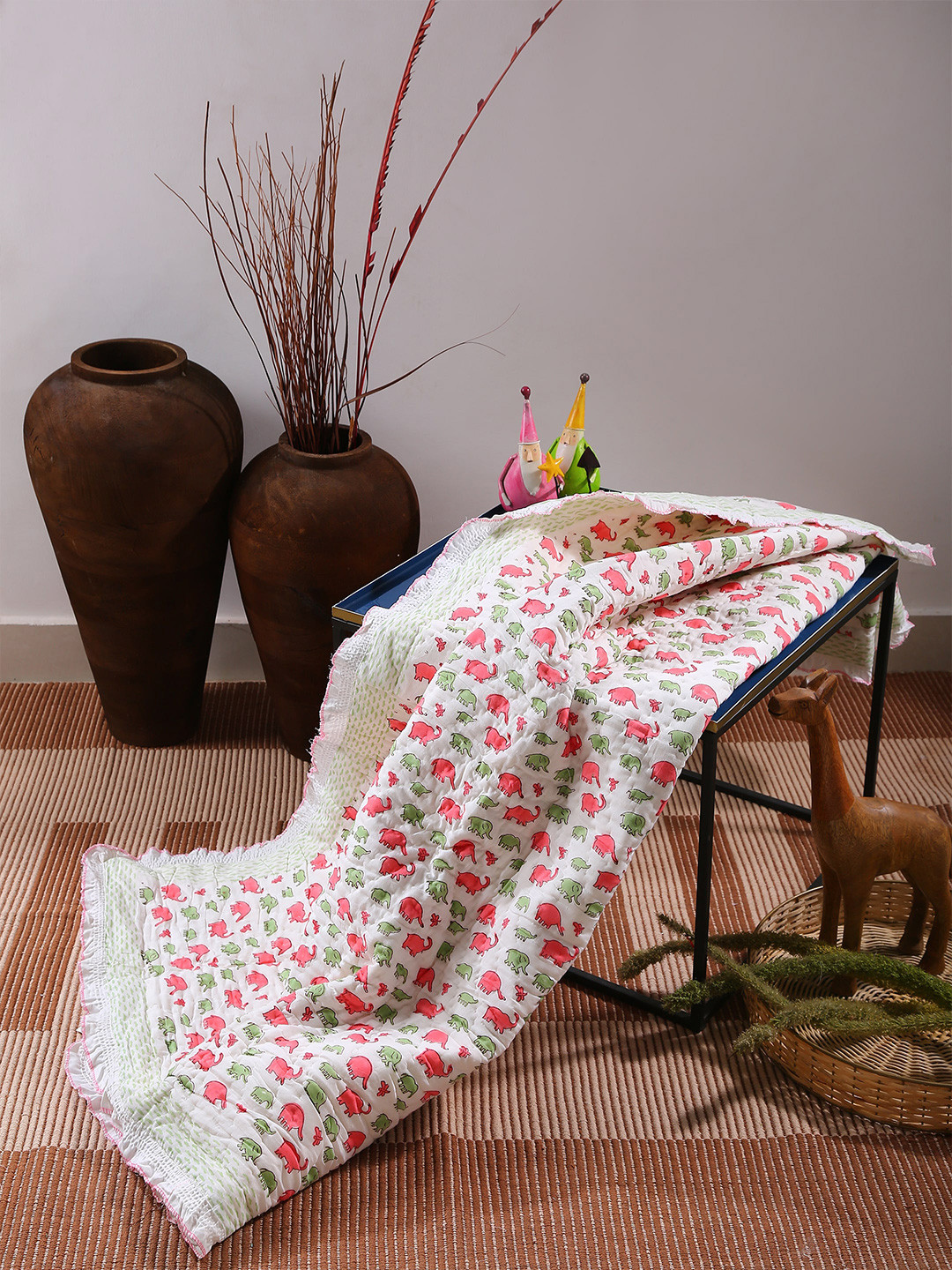 

Amoliconcepts Pink & White Elephant hand block printed Mild Winter Single Cotton Bed Quilt