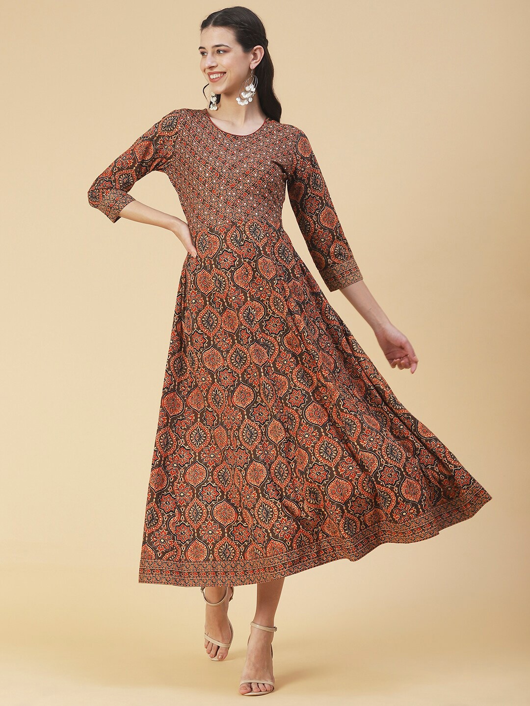

FASHOR Cotton Ethnic Motifs Empire Midi Dress, Brown