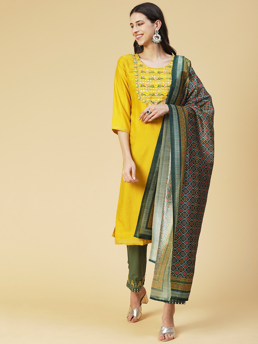 

FASHOR Women Floral Embroidered Mirror Work Kurta with Trousers & Dupatta, Yellow