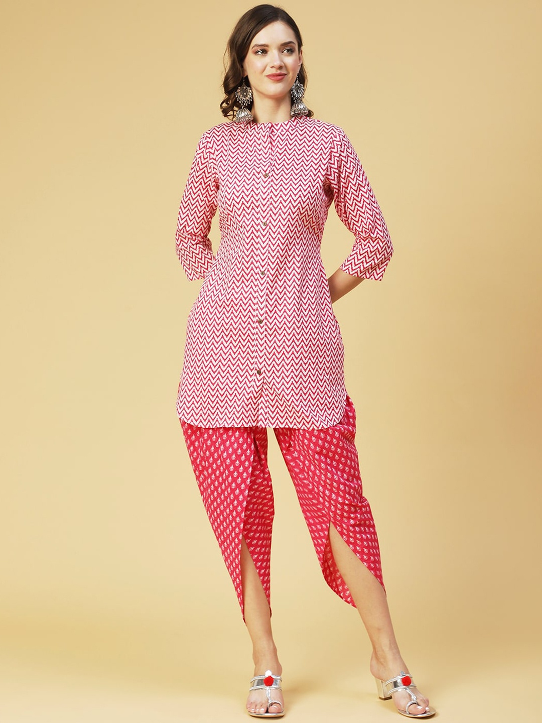 

FASHOR Printed Pure Cotton Kurti with Dhoti Pants, Pink