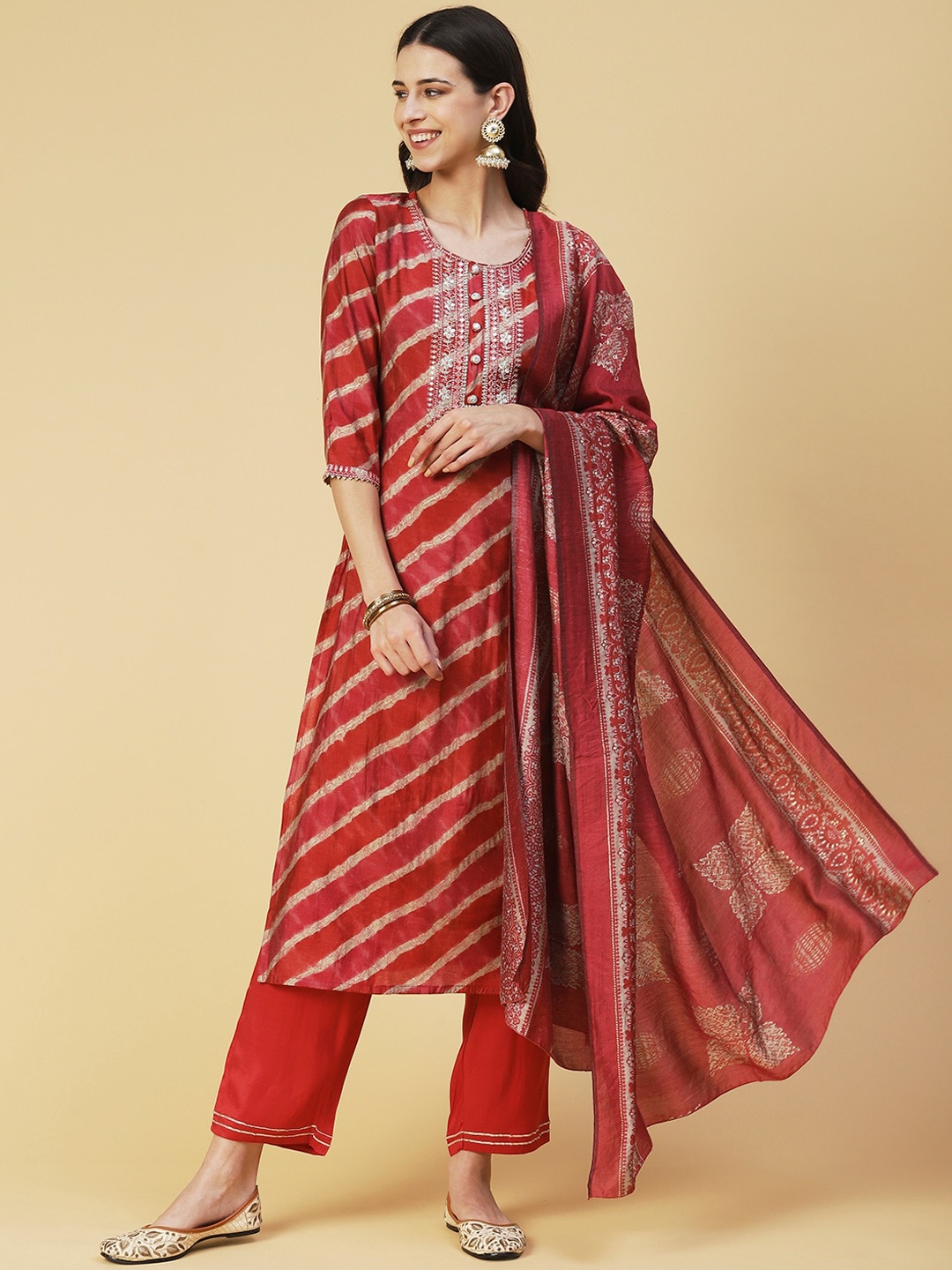 

FASHOR Leheriya Embroidered Mirror Work Kurta with Trousers & With Dupatta, Red