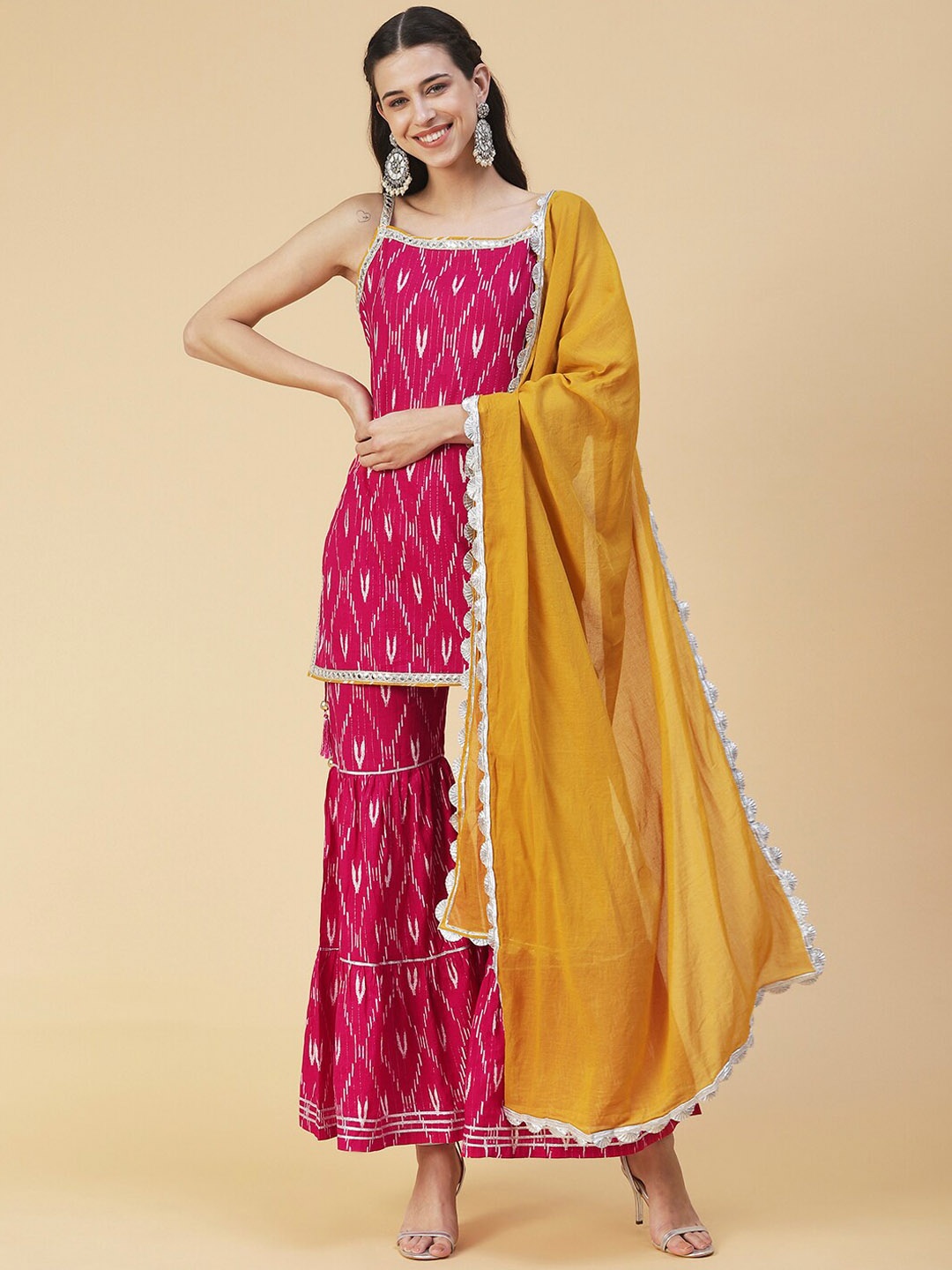 

FASHOR Women Printed Mirror Work Pure Cotton Kurti With Sharara & Dupatta, Pink