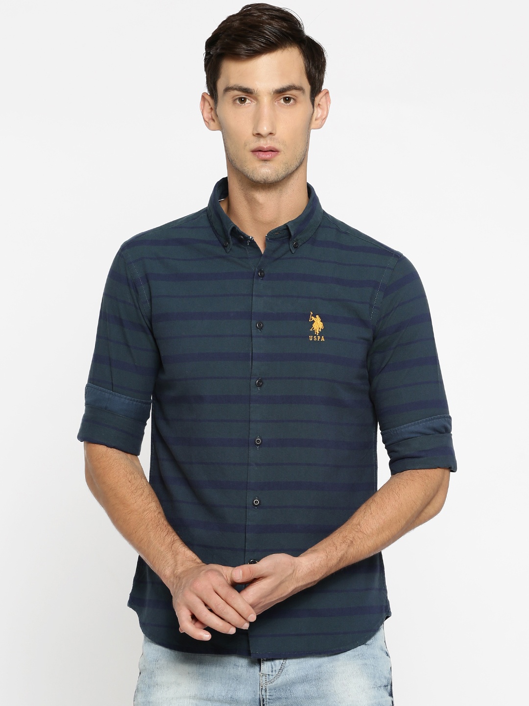 

U.S. Polo Assn. Men Olive Green & Navy Blue Tailored Fit Striped Casual Shirt