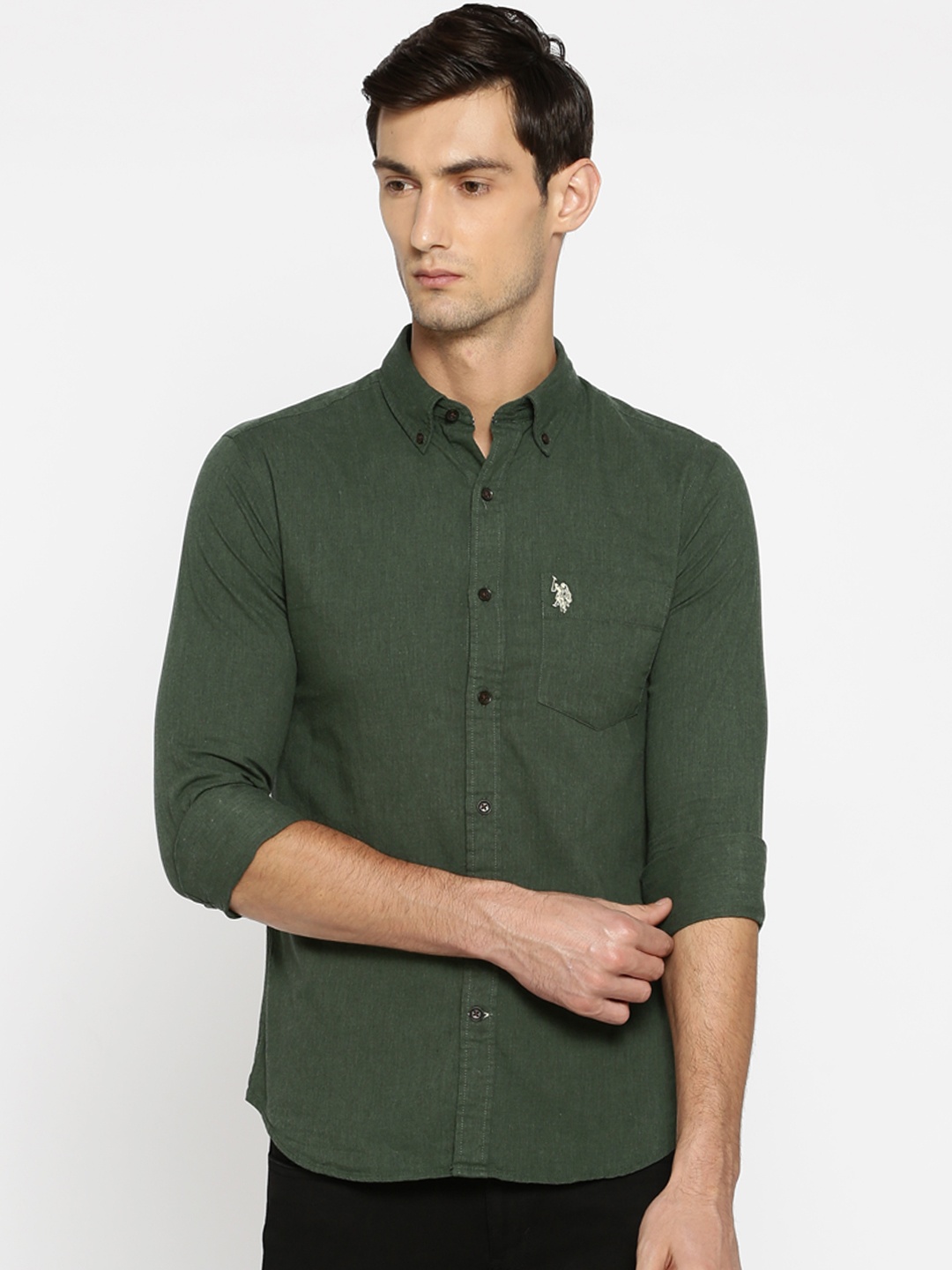 

U.S. Polo Assn. Men Olive Green Tailored Fit Solid Casual Shirt